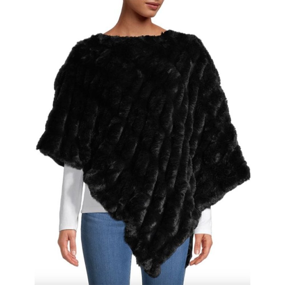 La Fiorentina Poncho Black Quilted Faux Fur Boatneck Asymmetric Popover One Size